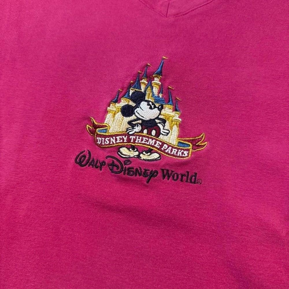 Y2K Disney World Mickey Embroidered Red V Neck Tee XL
